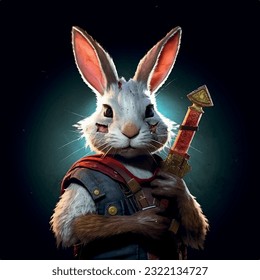 Rabbit warrior with weapons, portrait