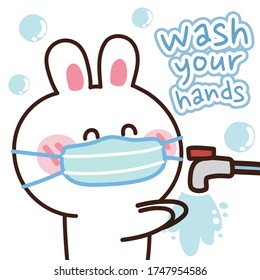 Rabbit Washing Hand In Cartoon Style.Cute Animal Wearing Face Mask Protection From Dust,Covid-19,Coronavirus.Kawaii.Kid Graphic.Hand Drawn.Doodle.Vector.Illustration.