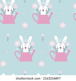 Rabbit in a watering can seamless pattern. Vector illustration