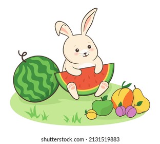 Conejo con sandía, afiche de verano de fruta. Cosecha de caracter conejo, hola tarjeta de verano. Concepto vegetariano ecológico, nutrición vegetariana. Dibujo infantil lindo símbolo de mascota liebre año ilustración vectorial