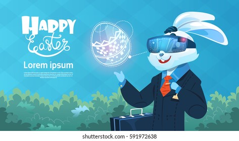 Rabbit Wear Digital Glasses Virtual Reality Decorated Eggs Easter Holiday Greeting Card Flat Vector Illustration