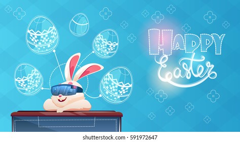 Rabbit Wear Digital Glasses Virtual Reality Decorated Eggs Easter Holiday Greeting Card Flat Vector Illustration