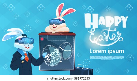 Rabbit Wear Digital Glasses Virtual Reality Decorated Eggs Easter Holiday Greeting Card Flat Vector Illustration