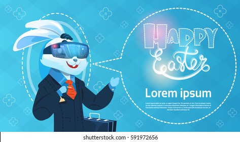 Rabbit Wear Digital Glasses Virtual Reality Easter Holiday Greeting Card Flat Vector Illustration