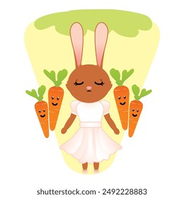 a rabbit wearing a ballet costume with 4 carrots accompanying her