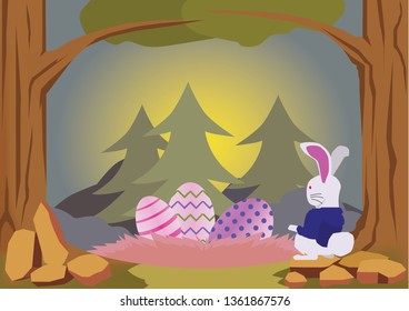 The rabbit wearing a blue shirt, looking at three eggs in the nest in the deep forest, light and shadow in the evening.