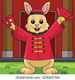 Rabbit Wearing Chinese Dress Colored Cartoon