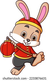 Rabbit wearing chinese traditional dress and carrying chinese red paper lantern for Chinese New Year of illustration