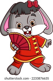 Rabbit wearing Chinese traditional dress Cheongsam and holding Chinese Fan of illustration