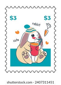 Rabbit wearing clothes, drinking carrot juice. Postcard with hare, easter and spring season personages and funny characters. Postal card or mark with price, mailing express. Vector in flat styles
