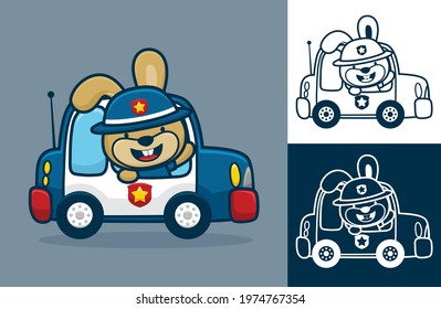 Rabbit wearing cop hat on police car. Vector cartoon illustration in flat icon style