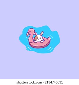 rabbit wearing a flamingo swimming balloon
