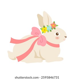 Rabbit wearing flower crown with bow isolated on white background.
