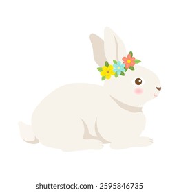 Rabbit wearing flower crown isolated on white background.