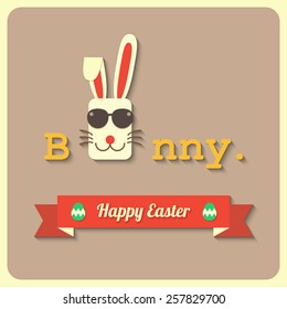 a rabbit wearing glasses with happy Easter sign. vector.