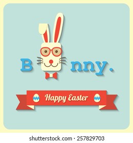 a rabbit wearing glasses with happy Easter sign. vector.