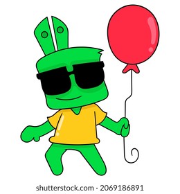 rabbit wearing glasses and holding a balloon, vector illustration art. doodle icon image kawaii.