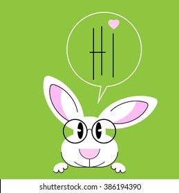 Rabbit wearing glasses. Postcard with animals on a green background and greetings