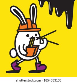 Rabbit wearing a helmet eating delicious noodles