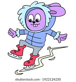 Rabbit wearing hoodie jacket playing ice skating skate slip. vector illustration art,doodle icon image kawaii.