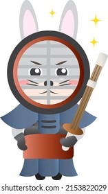 A rabbit wearing a kendo suit and having a dignified face.