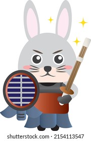 A rabbit wearing a kendo suit and having a dignified face.