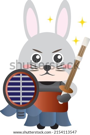 A rabbit wearing a kendo suit and having a dignified face.