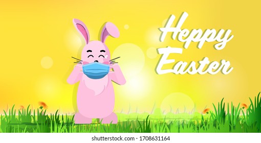 rabbit wearing mask to prevent covid-19 coronavirus pandemic quarantine happy easter spring holiday concept landscape background horizontal lettering greeting card vector illustration
