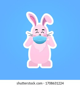 rabbit wearing mask to prevent covid-19 virus spreading happy easter spring holiday coronavirus pandemic concept cute bunny sticker vector illustration