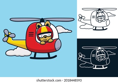 Rabbit wearing pilot helmet on helicopter. Vector cartoon illustration in flat icon style