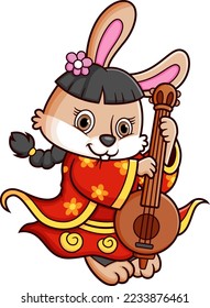 Rabbit wearing red clothes chinese traditional and playing chinese guitar of illustration