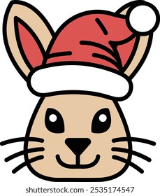 Ein Kaninchen mit einem roten Hut und einem roten Weihnachtsmütze. Das Kaninchen lächelt und schaut in die Kamera