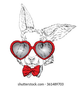 Rabbit wearing a tie and glasses. St. Valentine's Day. Card.