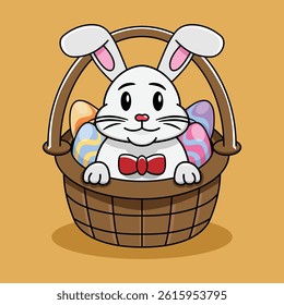 A rabbit wears bow ties in basket with eggs