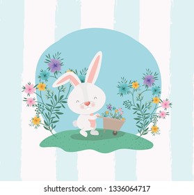 rabbit and wheelbarrow with flowers in the garden