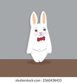 Rabbit, white, with beige ears, pink nose and red bow, in cartoon style.