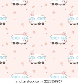 Rabbit white van cartoon so cute.on lollipop cake hear candy pink background.pattern seamless vector and illustration.

