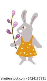 Rabbit with a willow branch.Easter illustration