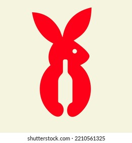 Rabbit Wine Bottle Logo Negative Space Concept Vector Template. Rabbit Holding Wine Bottle Symbol