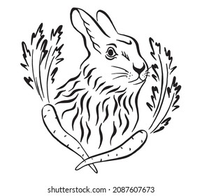 Rabbit winner in a wreath of carrots. Bunny vector graphic art. Happy Easter greeting card of bunny, rabbit icon, on white background.  Black and white hand drawn image. Linear drawing. Tattoo design.