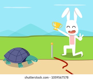 Rabbit wins the turtle in the race, vector design