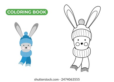 Rabbit in winter blue hat and scarf. Vector illustration hare. Black and white linear drawing of cute animal. Coloring book with bunny in clothes for kids
