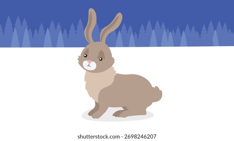 Conejo en el bosque invernal. Ilustración vectorial, diseño plano.