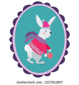Rabbit in winter hat, sweater and scarf with christmas ball. Cute cartoon vector character