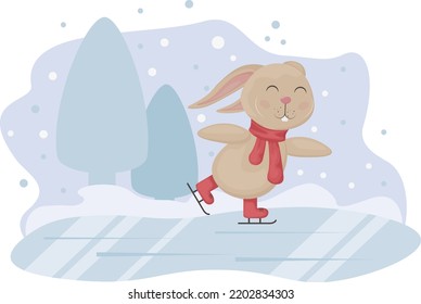 Conejo. Ilustración de invierno con la imagen de un lindo patinaje sobre conejo. Conejo sobre hielo. Ilustración navideña para niños. Vector