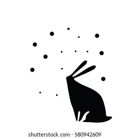 Rabbit and winter. Monochrome rabbit illustration. 