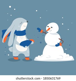 Conejo, invierno, hombre de nieve, azul, nieve