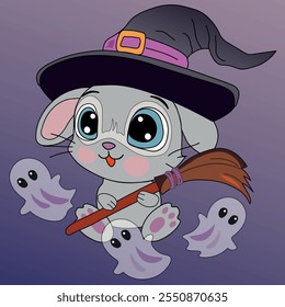 Rabbit in a witch hat with a broom isolated on a lilac background. Ghosts are flying around the hare. Vector illustration in Halloween style.