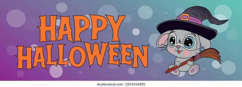 Rabbit in a witch hat with a broom isolated on a gradient background. Vector illustration with lettering in Halloween style.