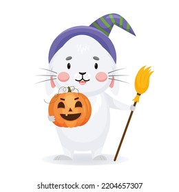 A rabbit in a witch's hat and holding a creepy pumpkin. Funny rabbit in a festive costume. Сharacter in cartoon style on halloween holiday. Vector illustration isolated on white background